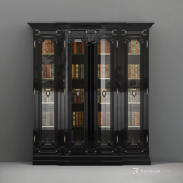 Classic Black Bookcase With Glass Doors And Decorative Details Filled With Books 3d model